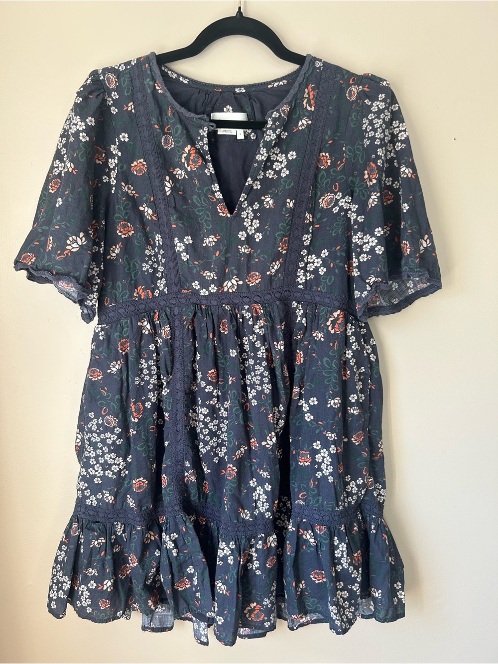 Anthropologie Navy Floral Cotton Flutter Sleeve Tiered Mini Dress Size S - Picture 3 of 8